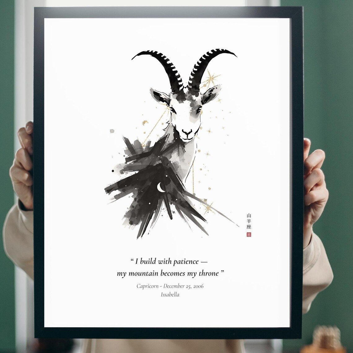 Capricorn Zodiac Birthday Poster Custom Black Ink Mountain Goat Star Art