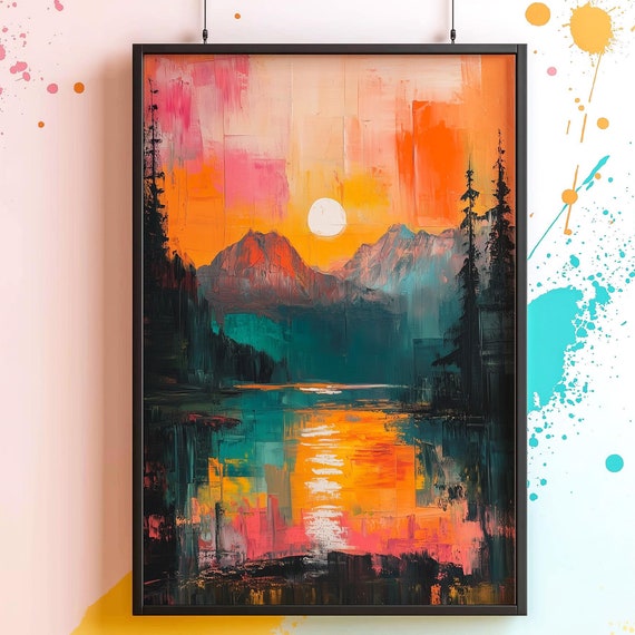 Colourful Abstract Sunset Art Print Bright Wall Colorful Nature Landscape Sun