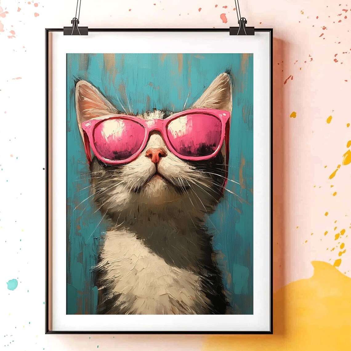 Sassy Cat in Pink Sunglasses Wall Art Pop Art Pet Portrait Fun Decor