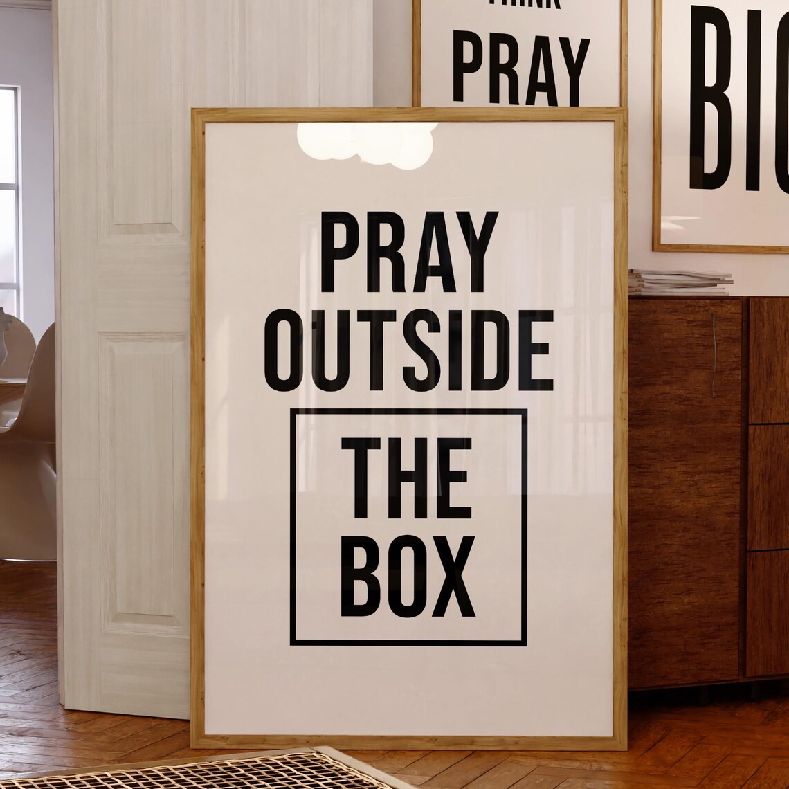 Pray Outside The Box Framed Modern Black Serif Typography Quote Poster