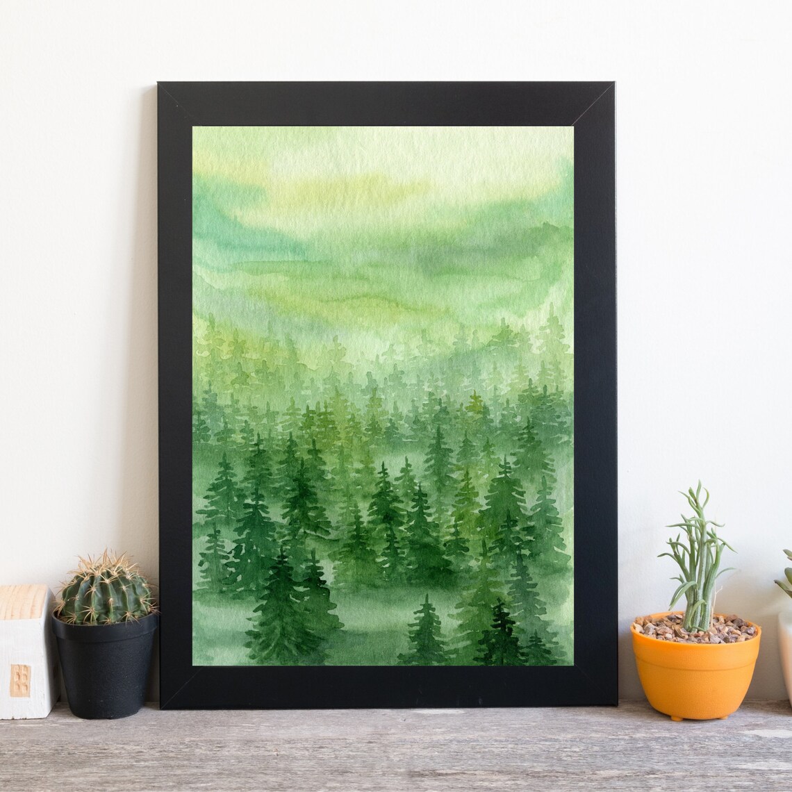 Misty Green Fir Forest Watercolor Woodland Nature Art Poster