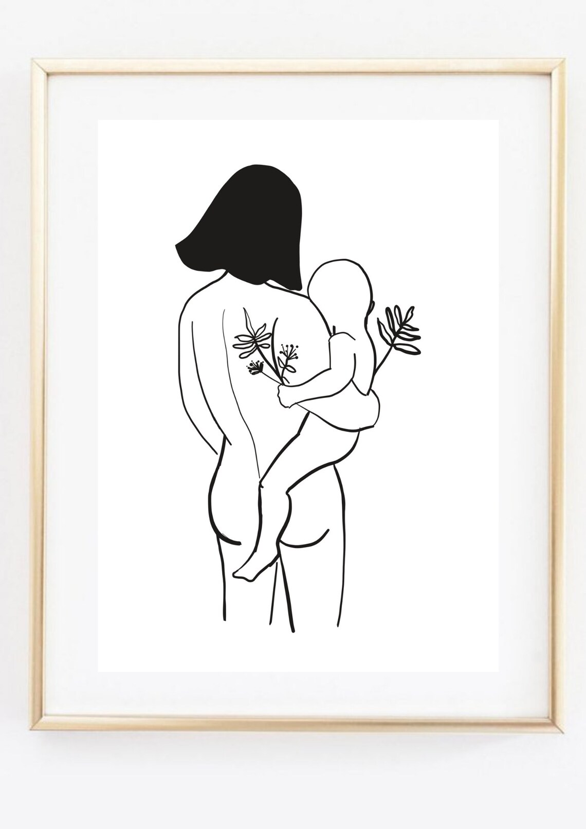 Mother Carrying Baby Minimalist Black Line Art Motherhood Wall Art - Image 2