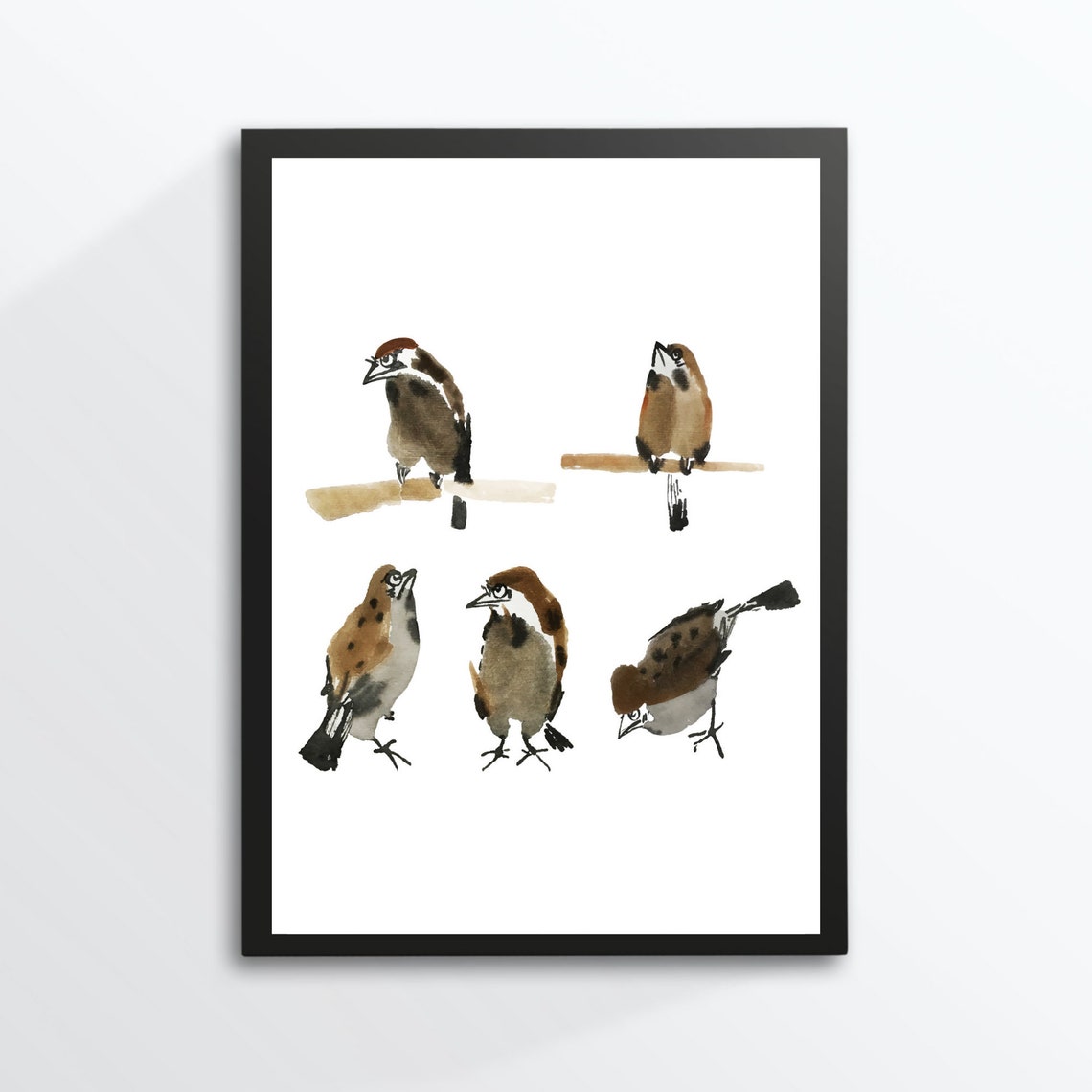 Five Sparrows Ink Wash Watercolor Small Birds Minimalist Art Print - Image 3
