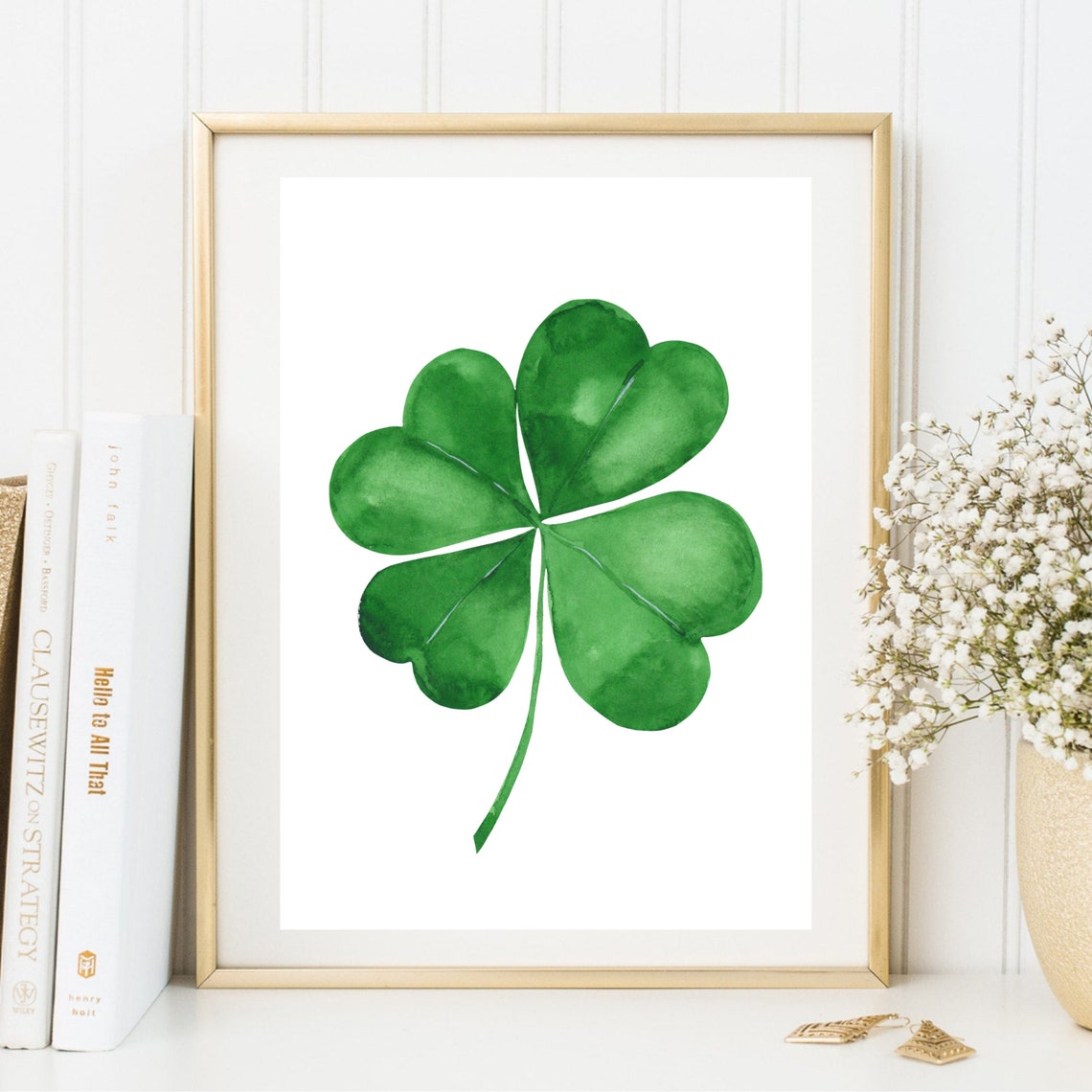 Four Leaf Clover Watercolor Lucky Charm Irish Shamrock Green Wall Art