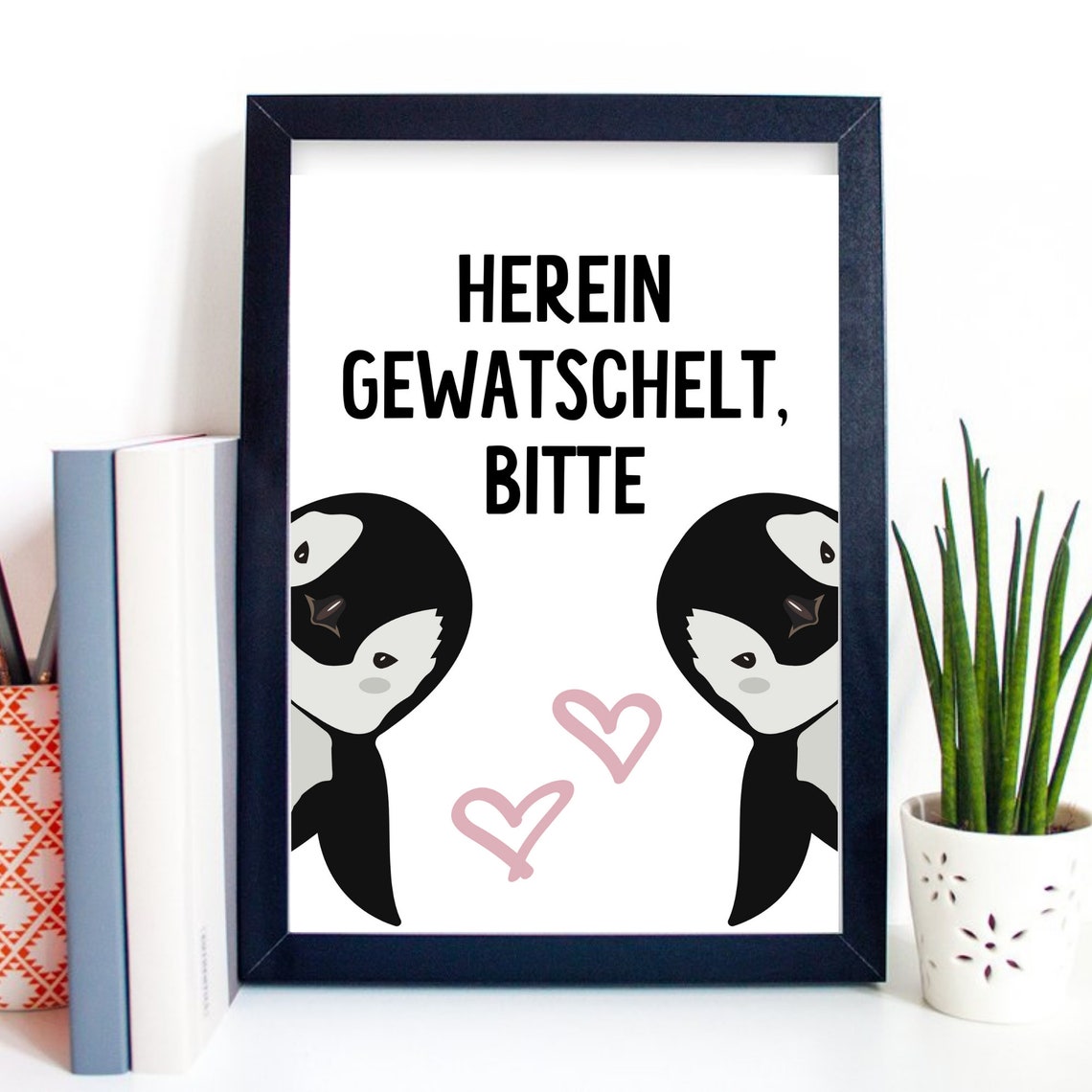 Waddle In Please Cute Penguin Pair Pink Hearts Welcome Poster