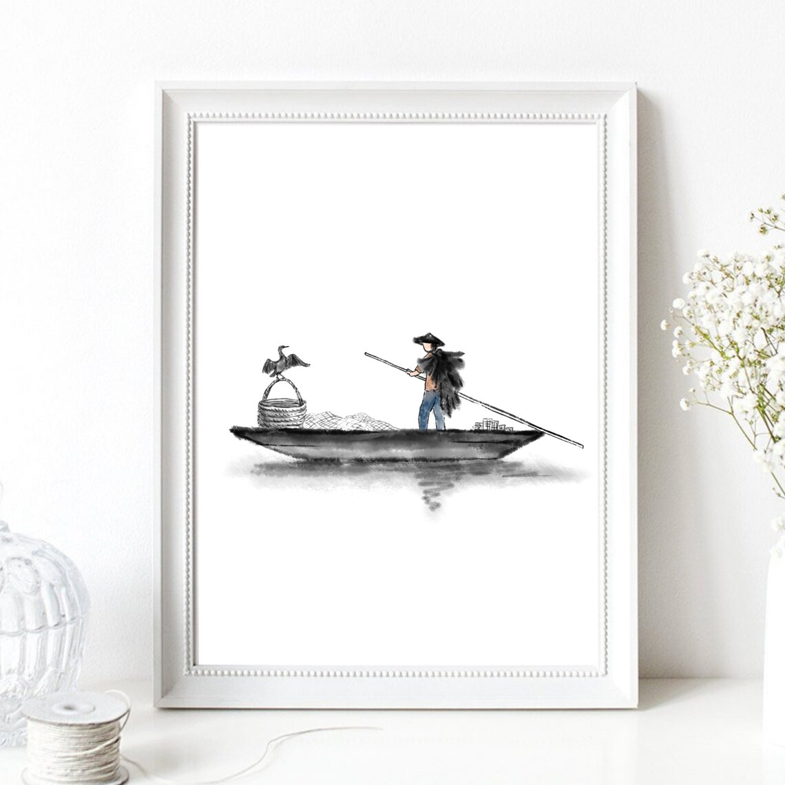 Cormorant Fisherman Ink Wash Asian Boat Scene Watercolor Poster