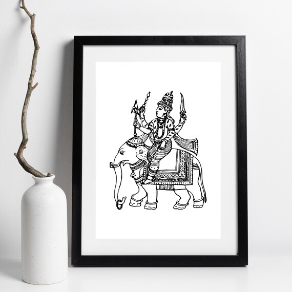 Hindu God Indra Riding Elephant Black Line Art Yoga Spiritual Poster