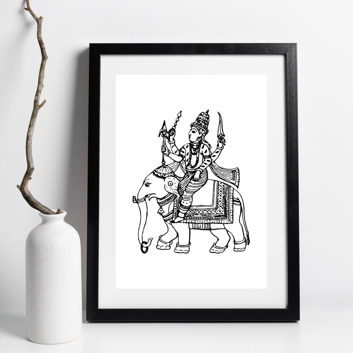 Hindu God Indra Riding Elephant Black Line Art Yoga Spiritual Poster