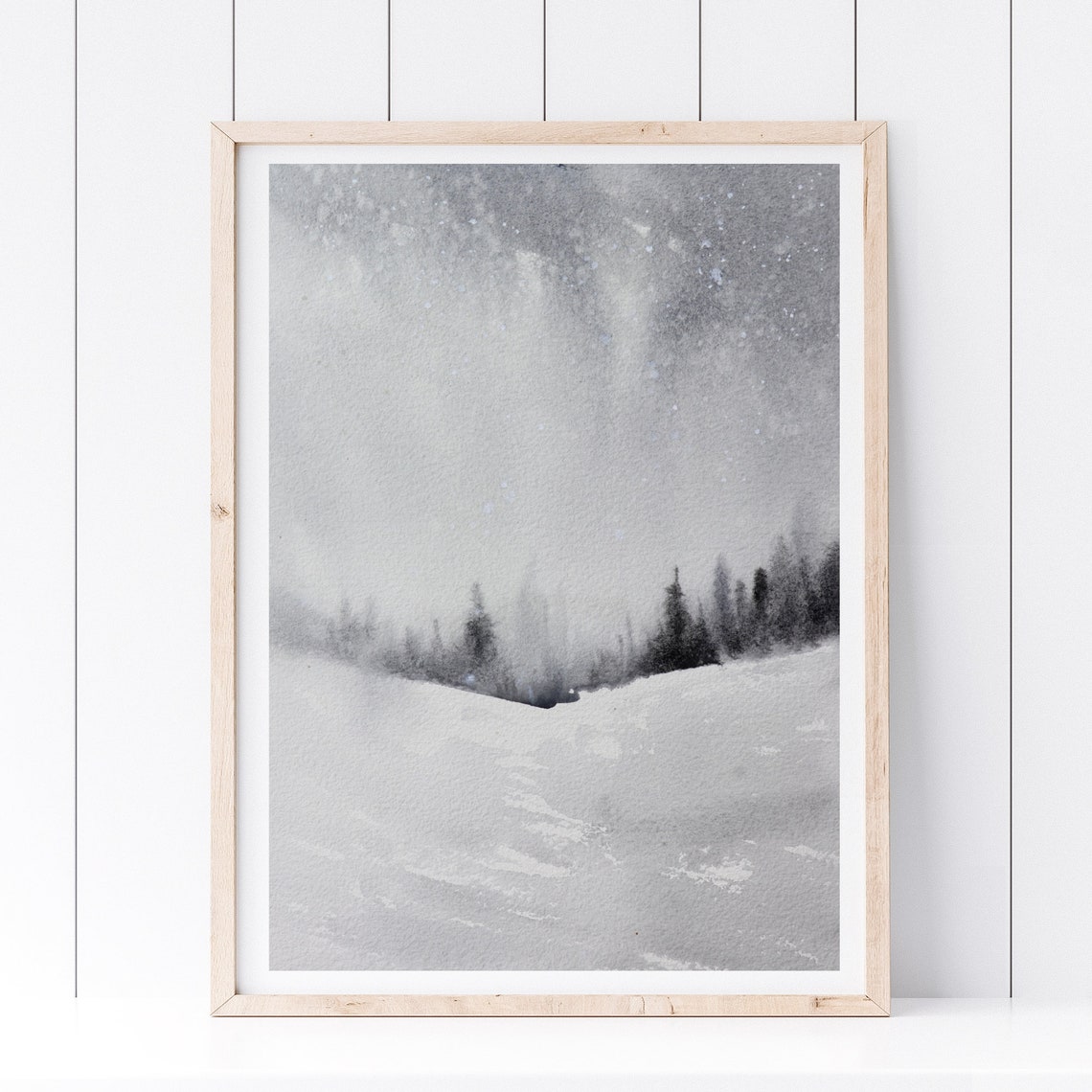 Misty Winter Forest Watercolor Poster Snowy Fir Trees Gray Landscape - Image 3