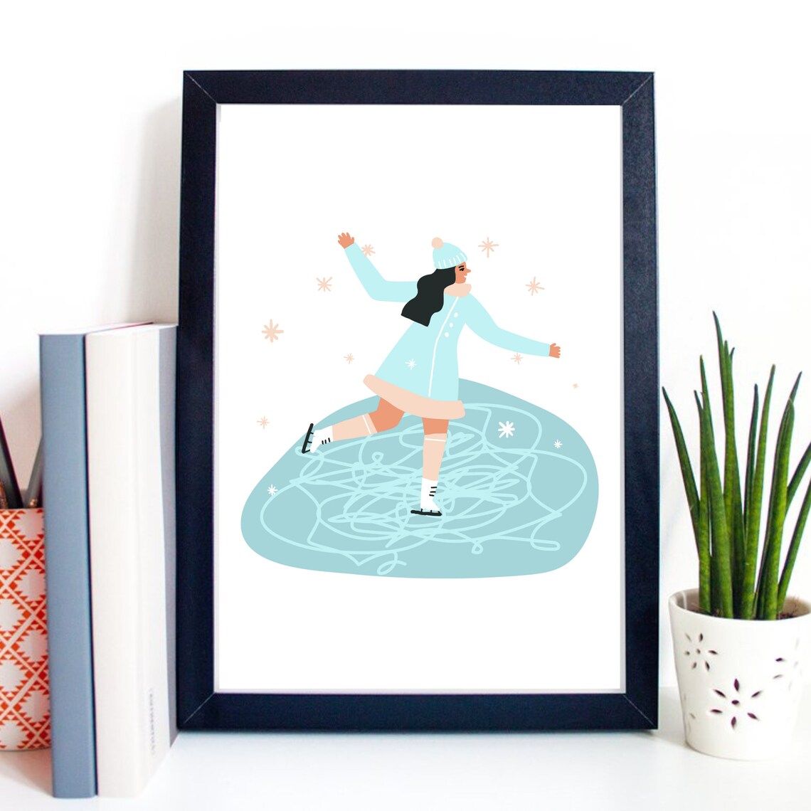 Girl Ice Skating Frozen Pond Winter Blue Illustration Sports Poster - Image 2