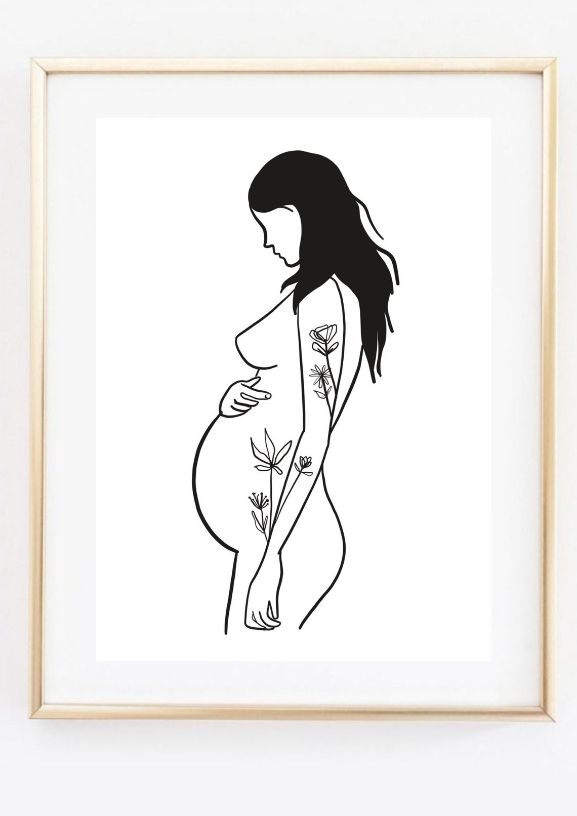 Pregnant Woman Floral Minimalist Black Line Art Maternity Wall Art - Image 2