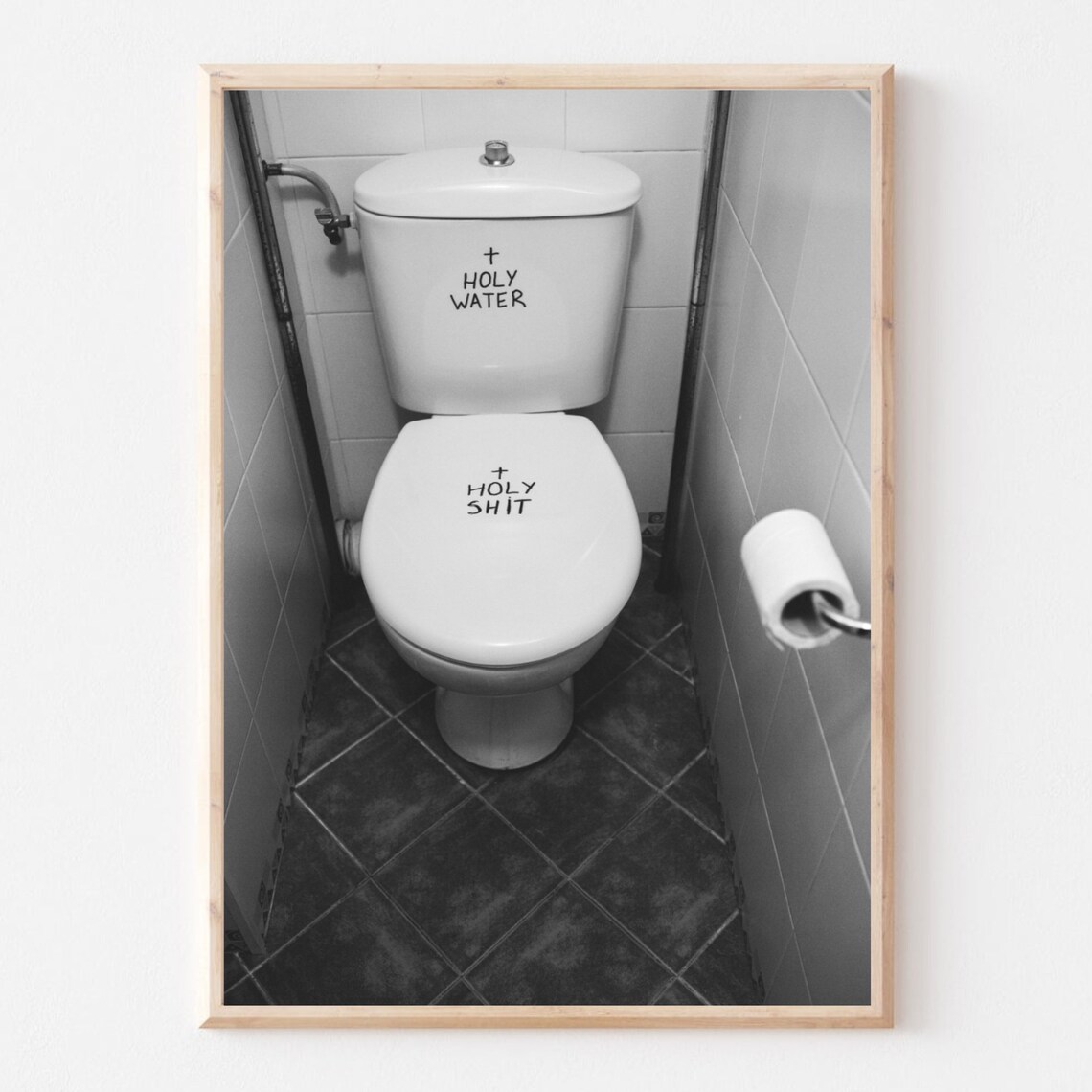 Holy Water Holy Shit Funny Toilet Photo Black White Art Print - Image 3