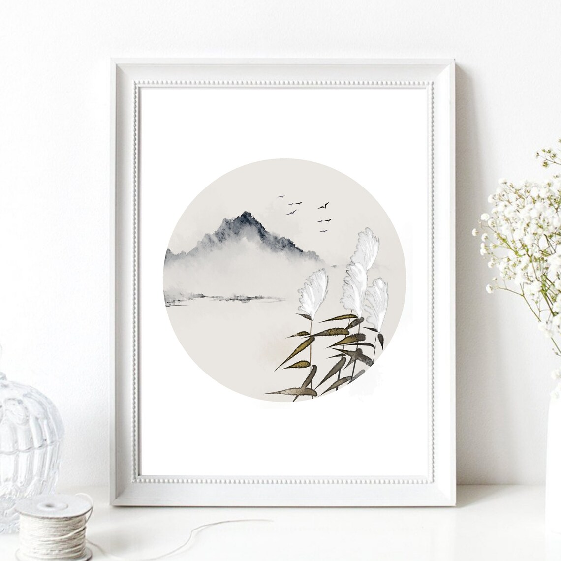 Japanese Ink Wash Circle Mountains Reeds Birds Zen Nature Poster