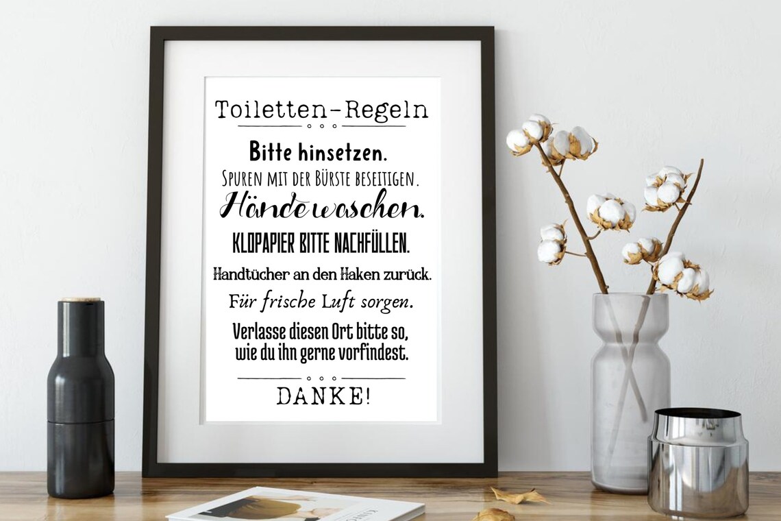Funny German Toilet Rules Bathroom Sign Typography Black White Poster