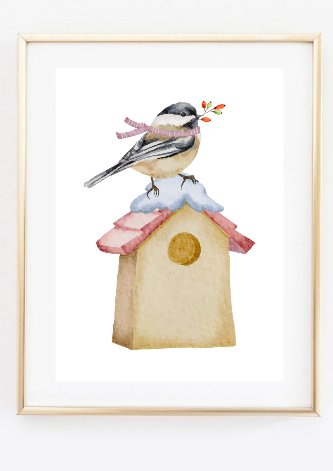 Winter Bird on Snowy Birdhouse Watercolor Christmas Wall Art - Image 3