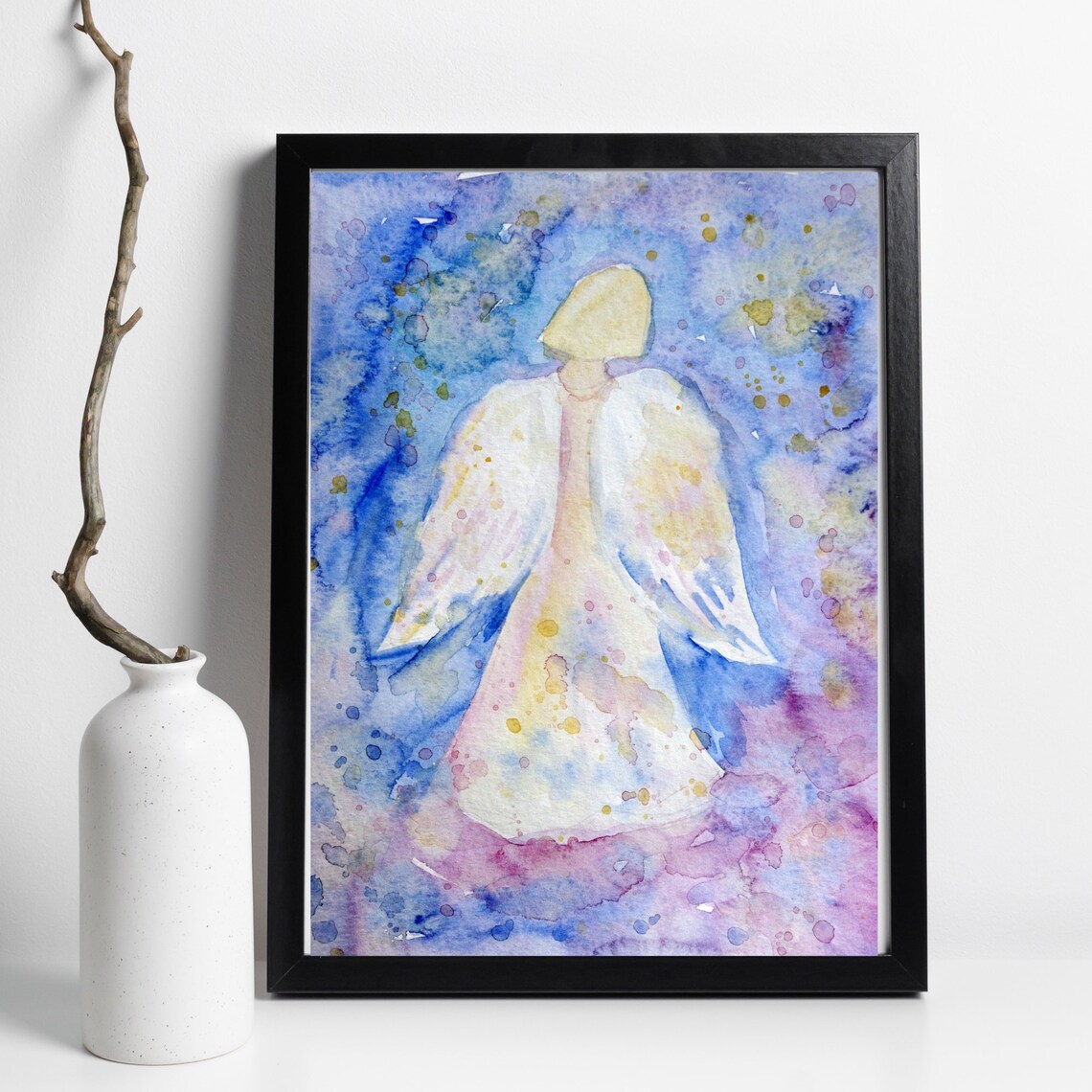 Guardian Angel Watercolor Blue Golden Spiritual Faith Wall Art Print - Image 3