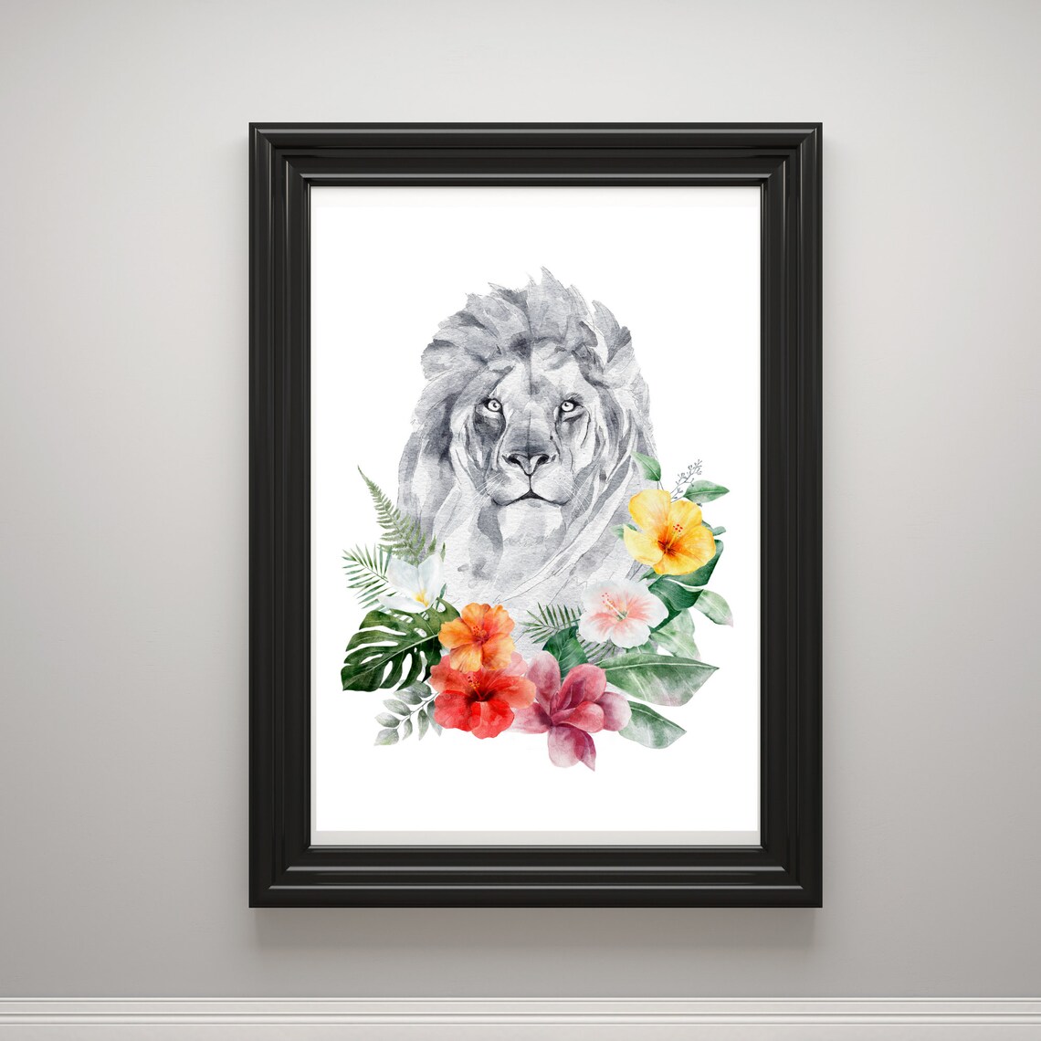 Lion Head Tropical Hibiscus Flowers Watercolor Wildlife Wall Art - Image 2
