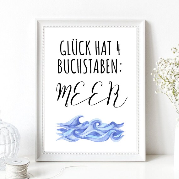 Happiness Is The Sea Watercolor Waves Coastal Beach Saying Wall Poster