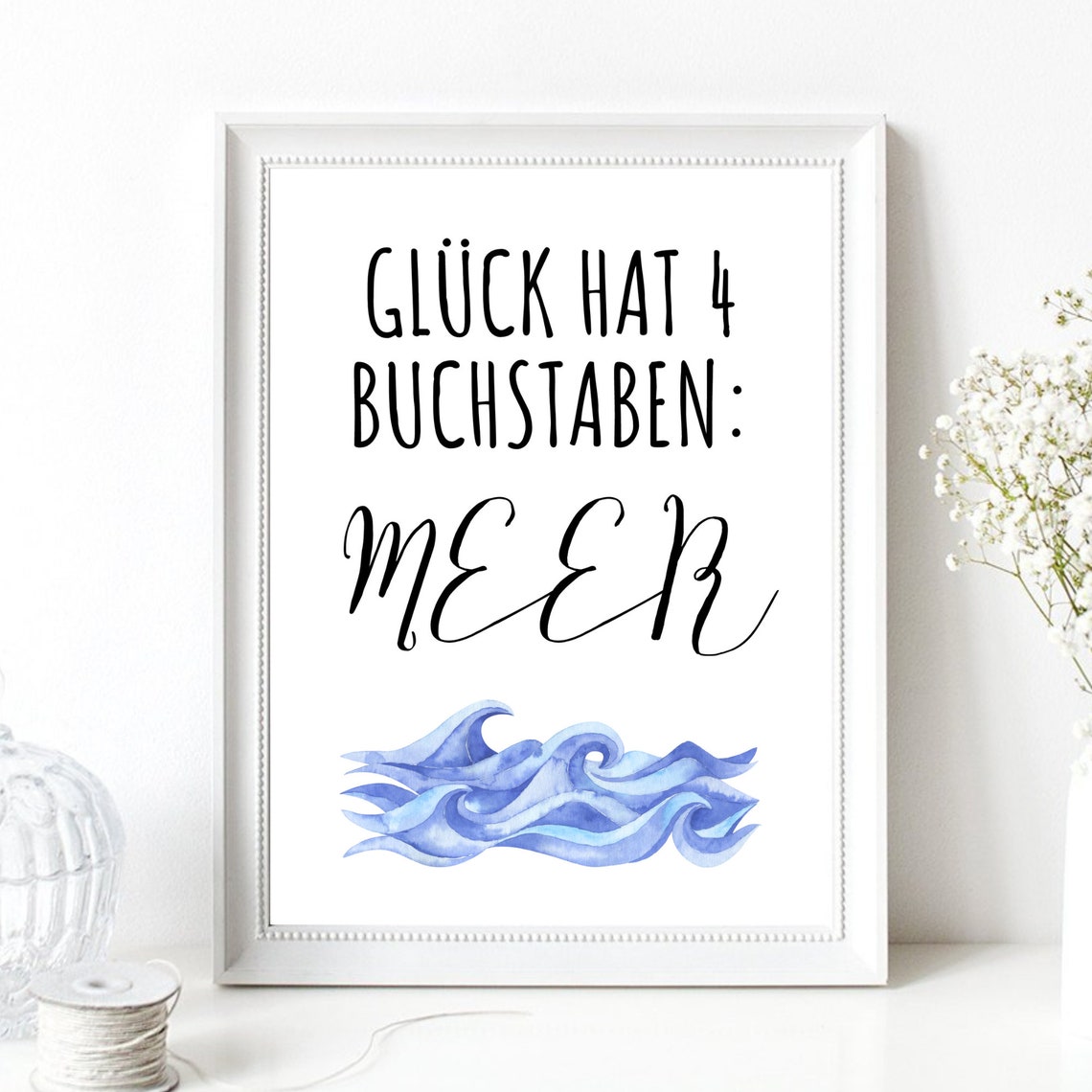 Happiness Is The Sea Watercolor Waves Coastal Beach Saying Wall Poster