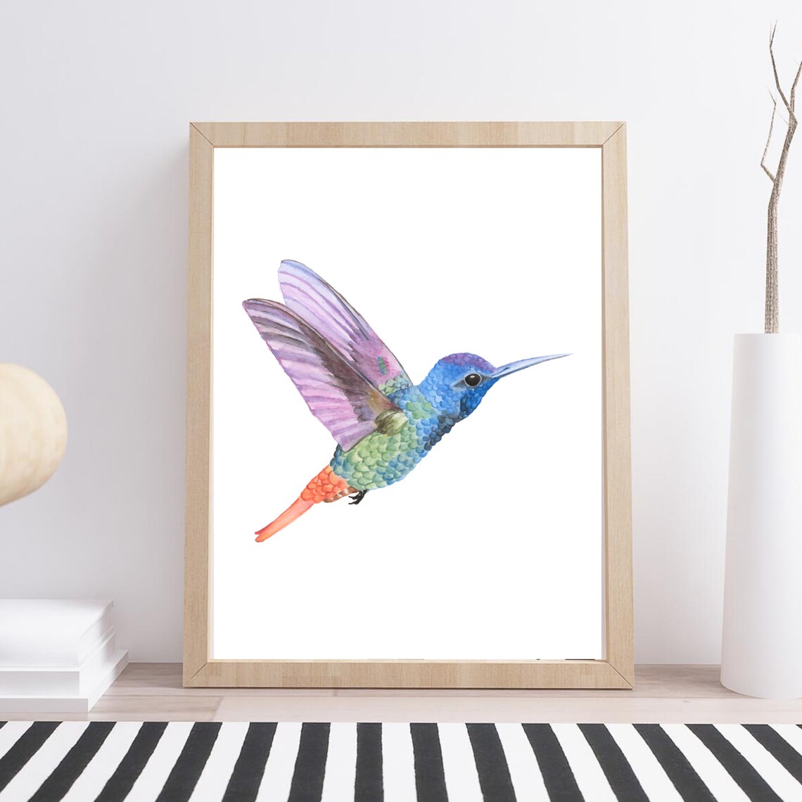 Hummingbird Watercolor Blue Green Purple Bird In Flight Animal Poster
