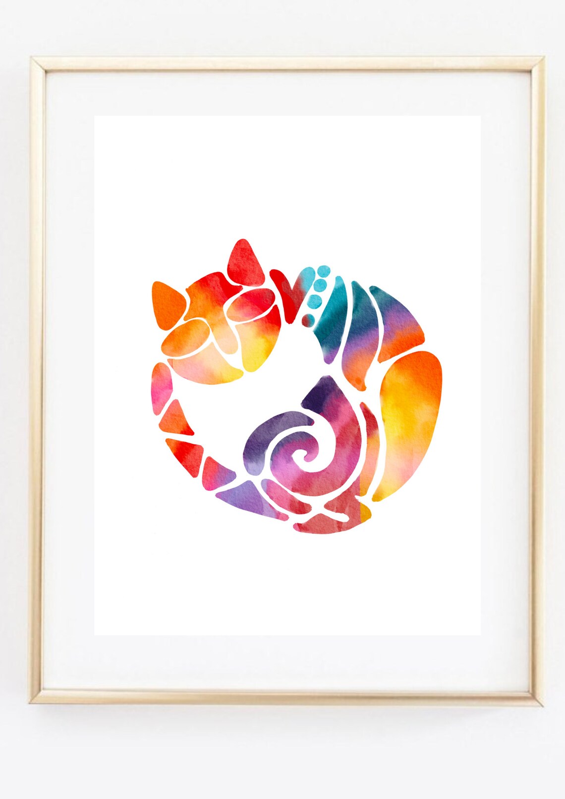 Colorful Curled Cat Abstract Watercolor Scandi Style Animal Wall Art Print - Image 3