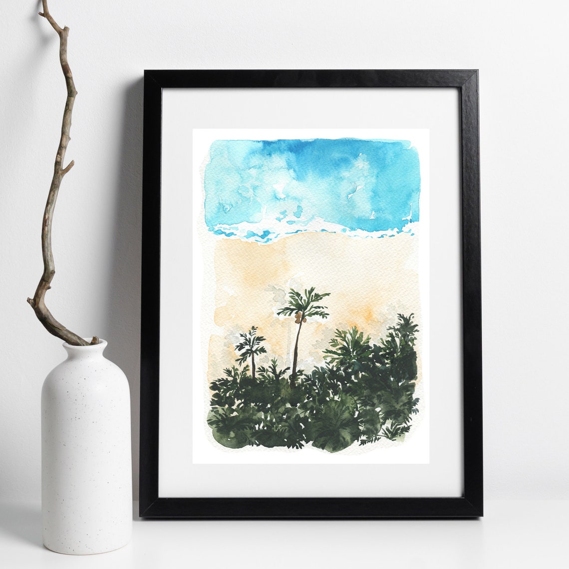 Tropical Palm Beach Watercolor Aerial Summer Ocean Coast Art Poster