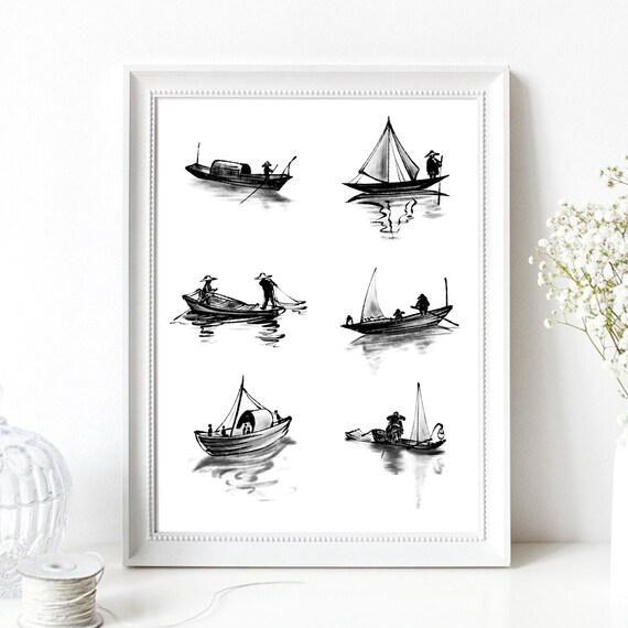 Six Asian Fishing Boats Ink Wash Fishermen Water Scene Poster