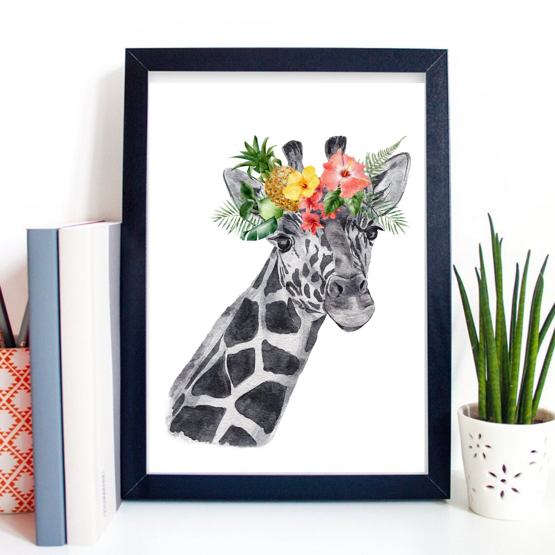 Giraffe With Tropical Flower Crown Watercolor Safari Animal Art Poster - Image 2