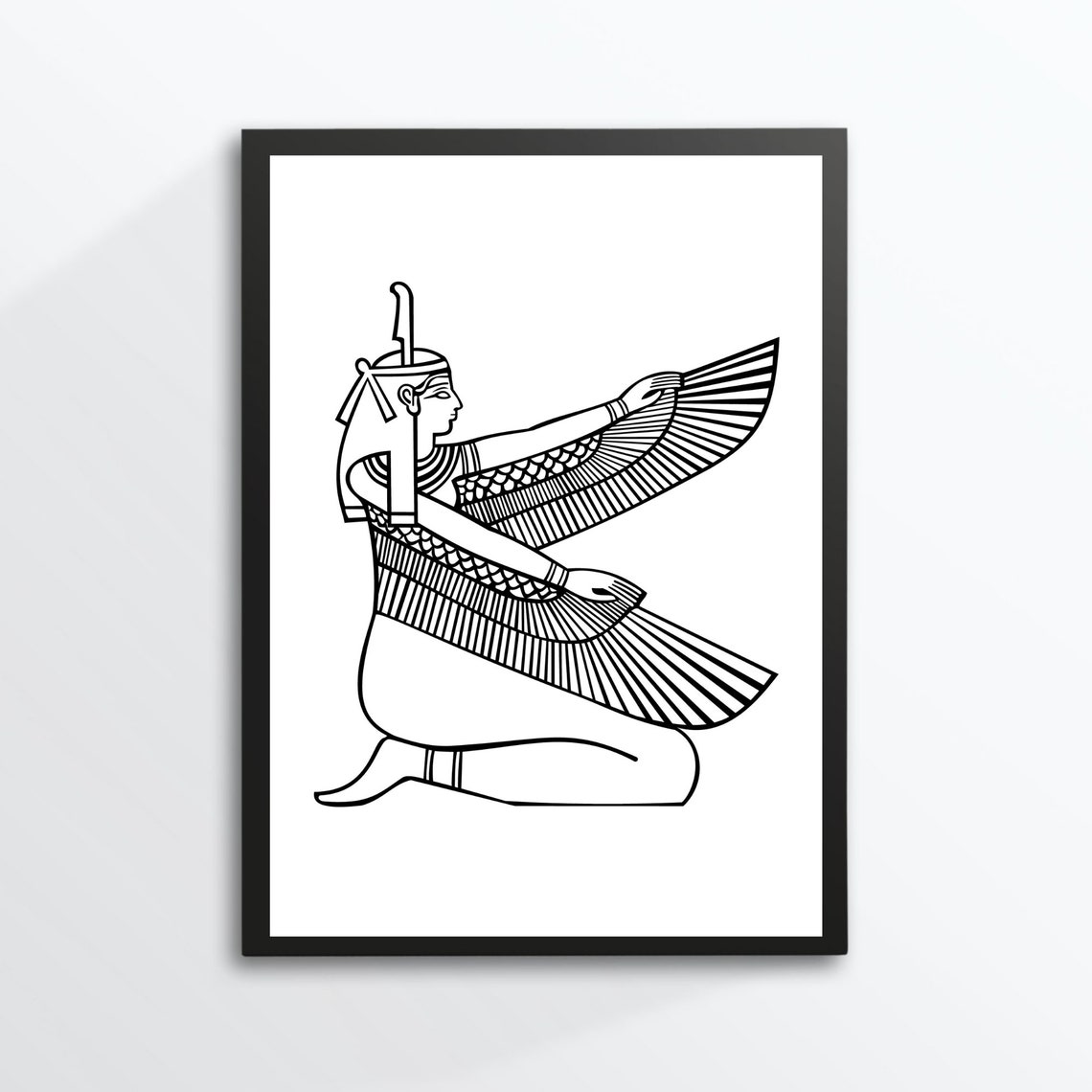 Winged Egyptian Goddess Isis Kneeling Hieroglyph Line Art Wall Print