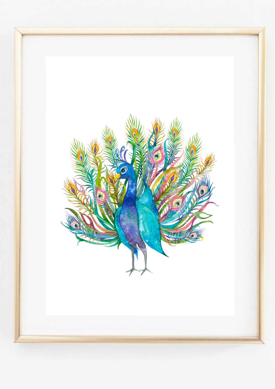 Colorful Peacock Fanned Tail Watercolor Vibrant Bird Art Poster - Image 2
