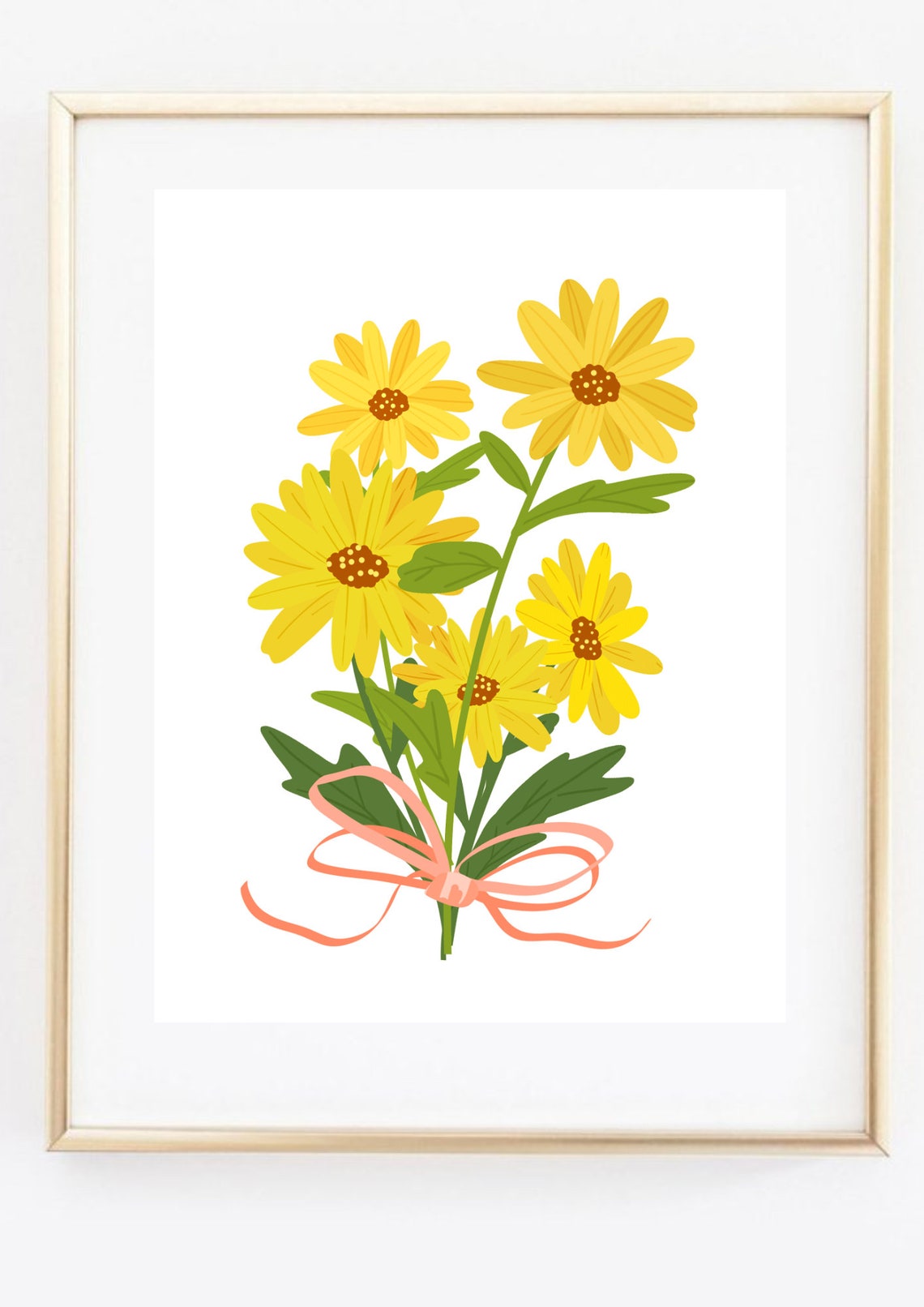 Yellow Daisy Bouquet Pink Ribbon Bow Floral Illustration Art Poster - Image 3