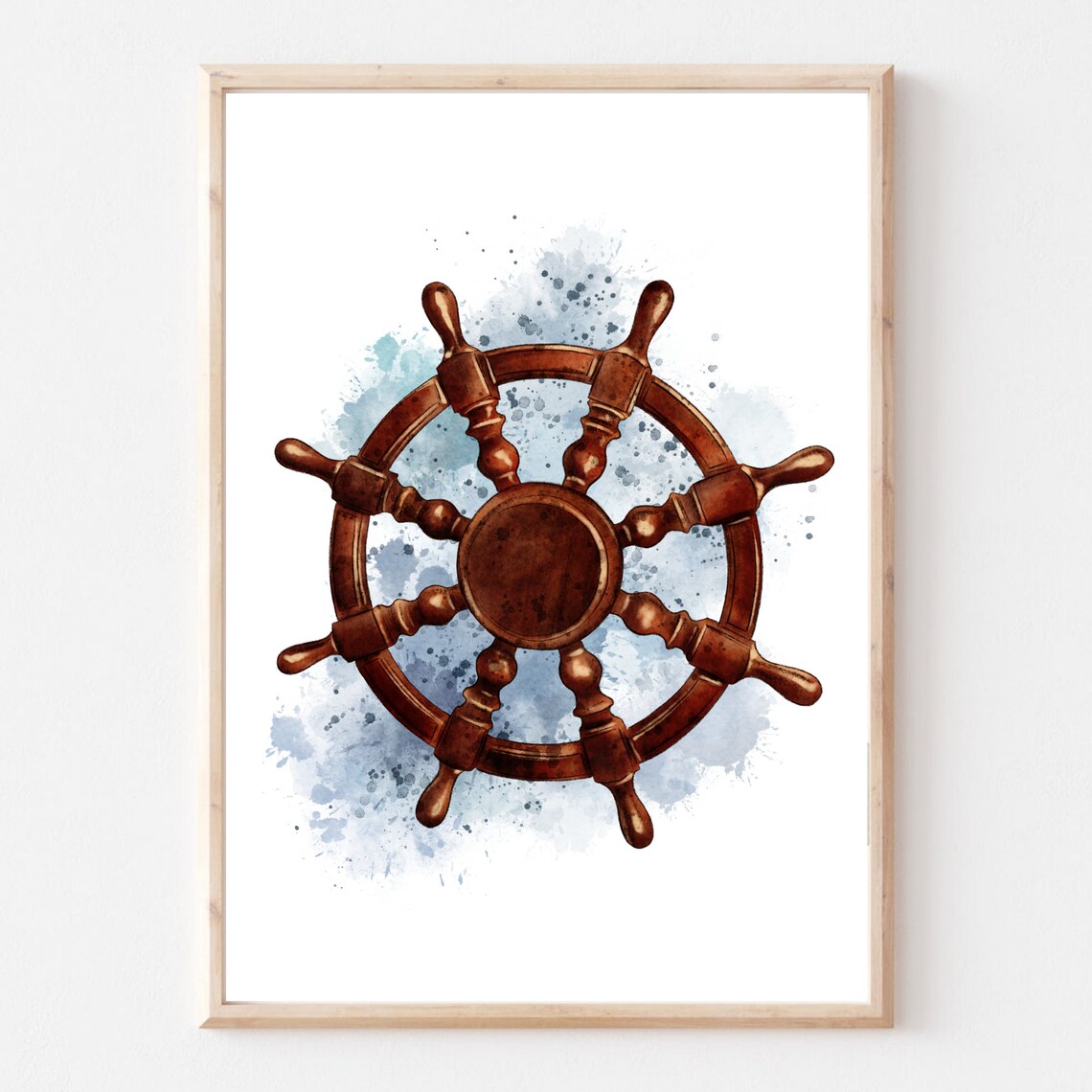 Wooden Ship Helm Wheel Watercolor Maritime Nautical Coastal Wall Poster - Image 3