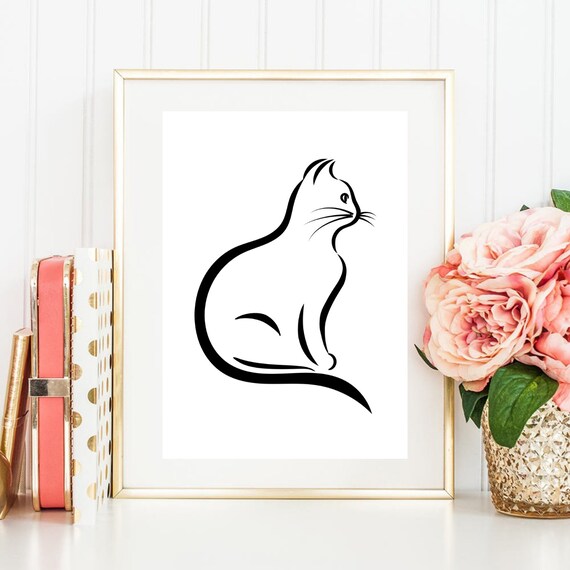 Minimalist Black Line Art Cat Sitting Modern Scandi Animal Wall Art Print
