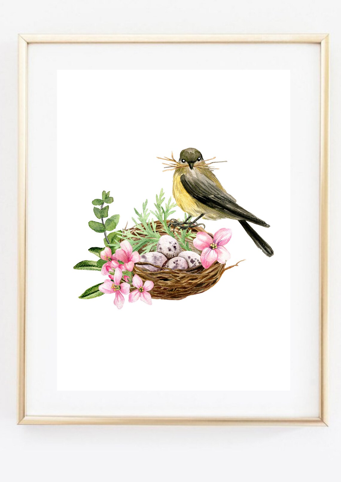 Bird Nest With Speckled Eggs Pink Blossoms Watercolor Art Print - Image 3