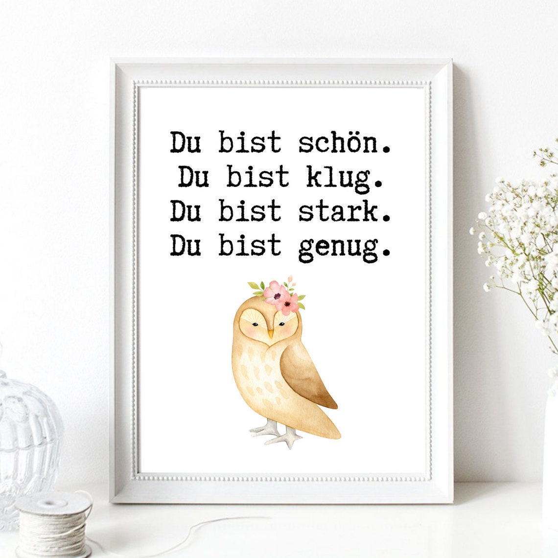You Are Beautiful Smart Strong Enough Owl Quote Black White Print - Image 2
