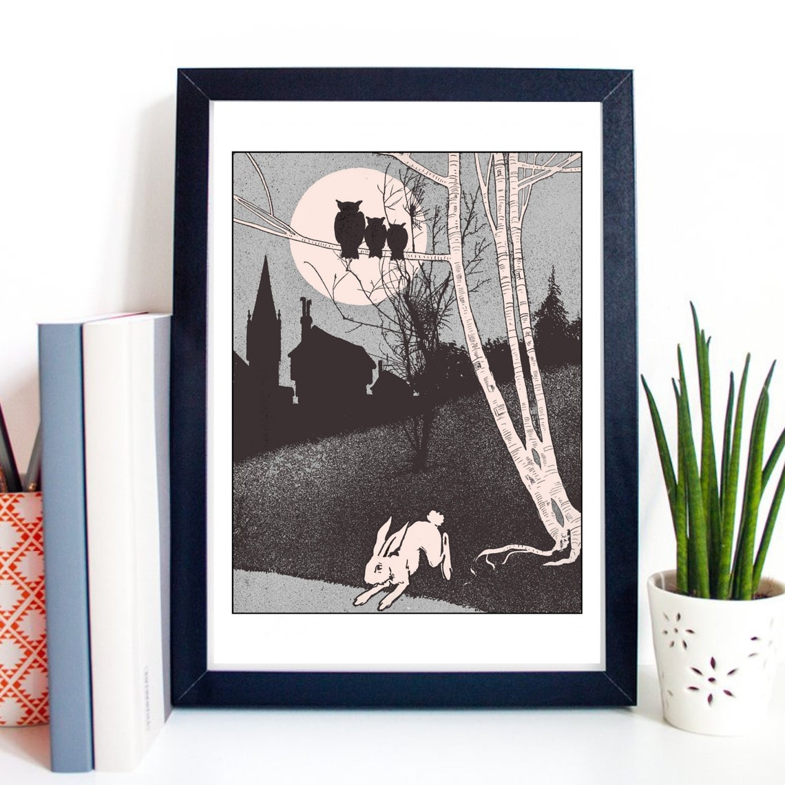 Vintage Night Owls Full Moon White Rabbit Retro Forest Wall Art Print - Image 2