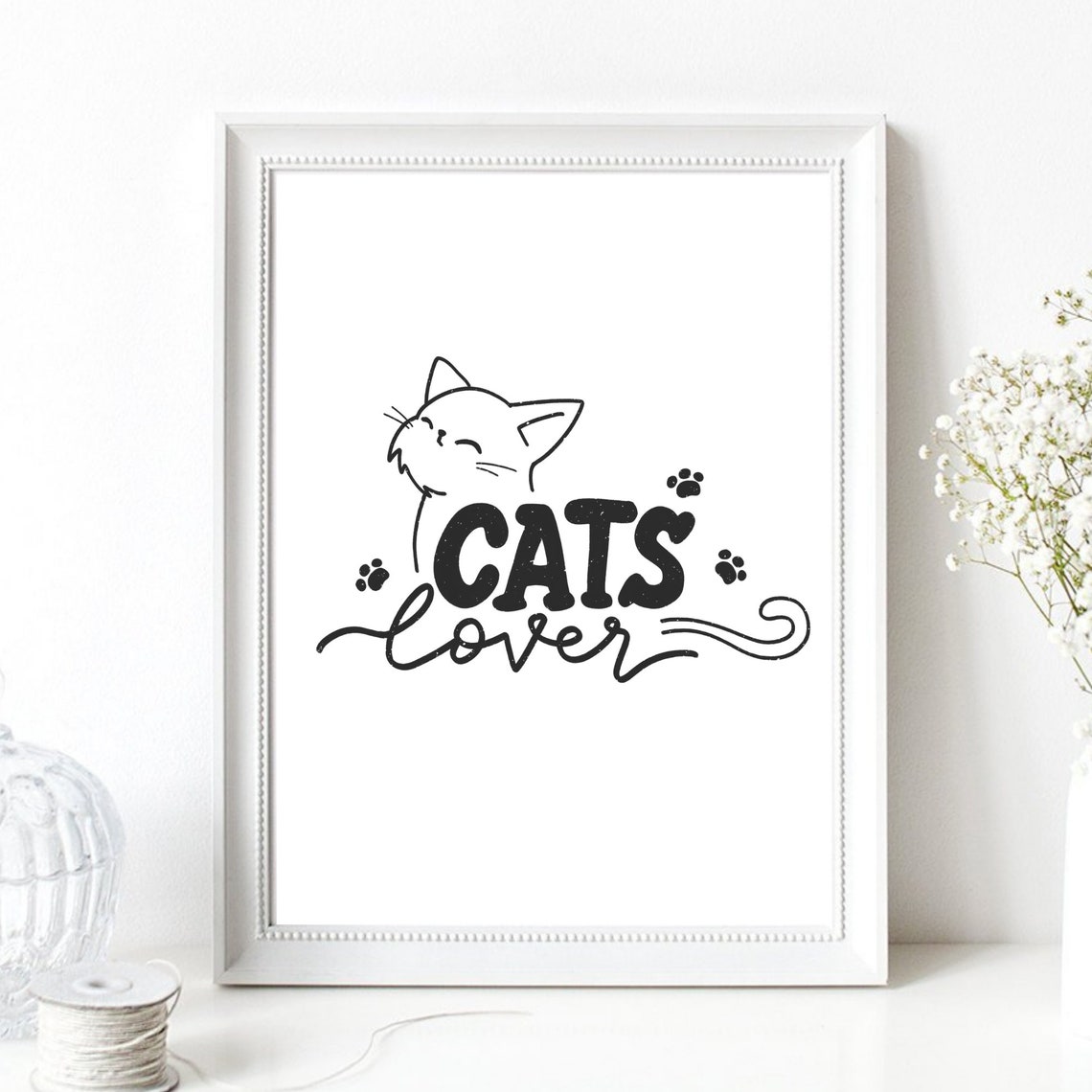 Cats Lover Typography Smiling Cat Head Paw Marks Graphic Poster - Image 2