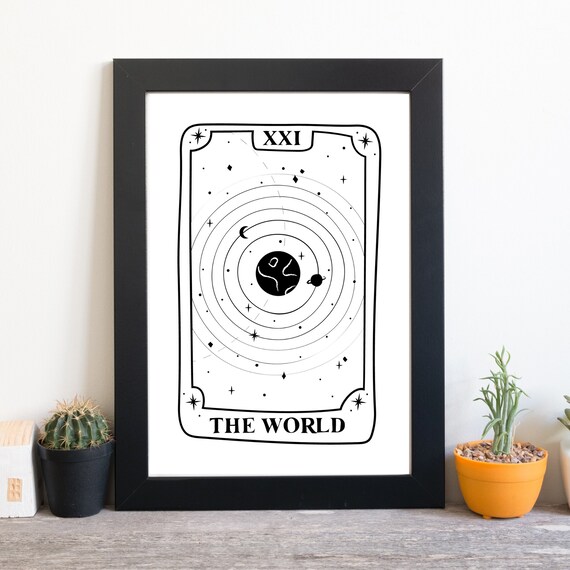 The World Tarot Card XXI Celestial Line Art Black White Mystical Wall Poster