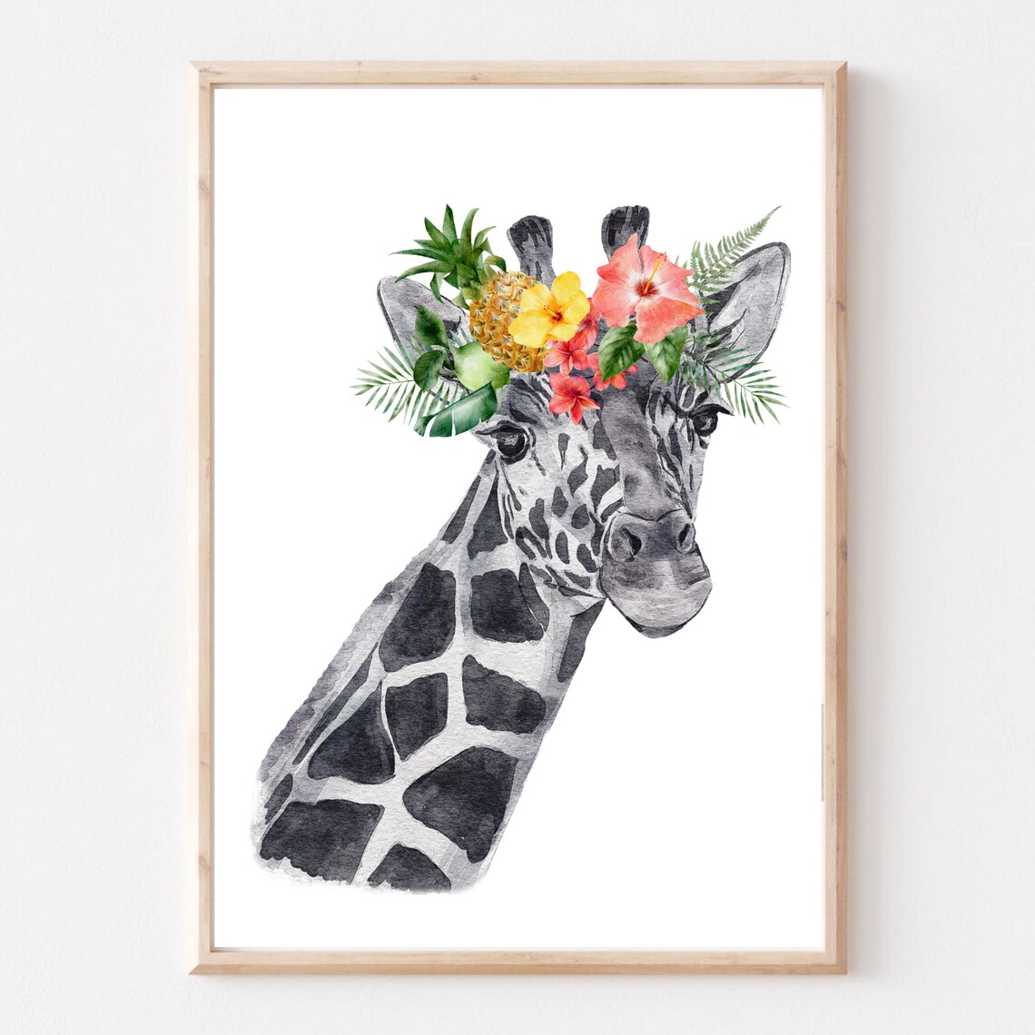 Giraffe With Tropical Flower Crown Watercolor Safari Animal Art Poster - Image 3