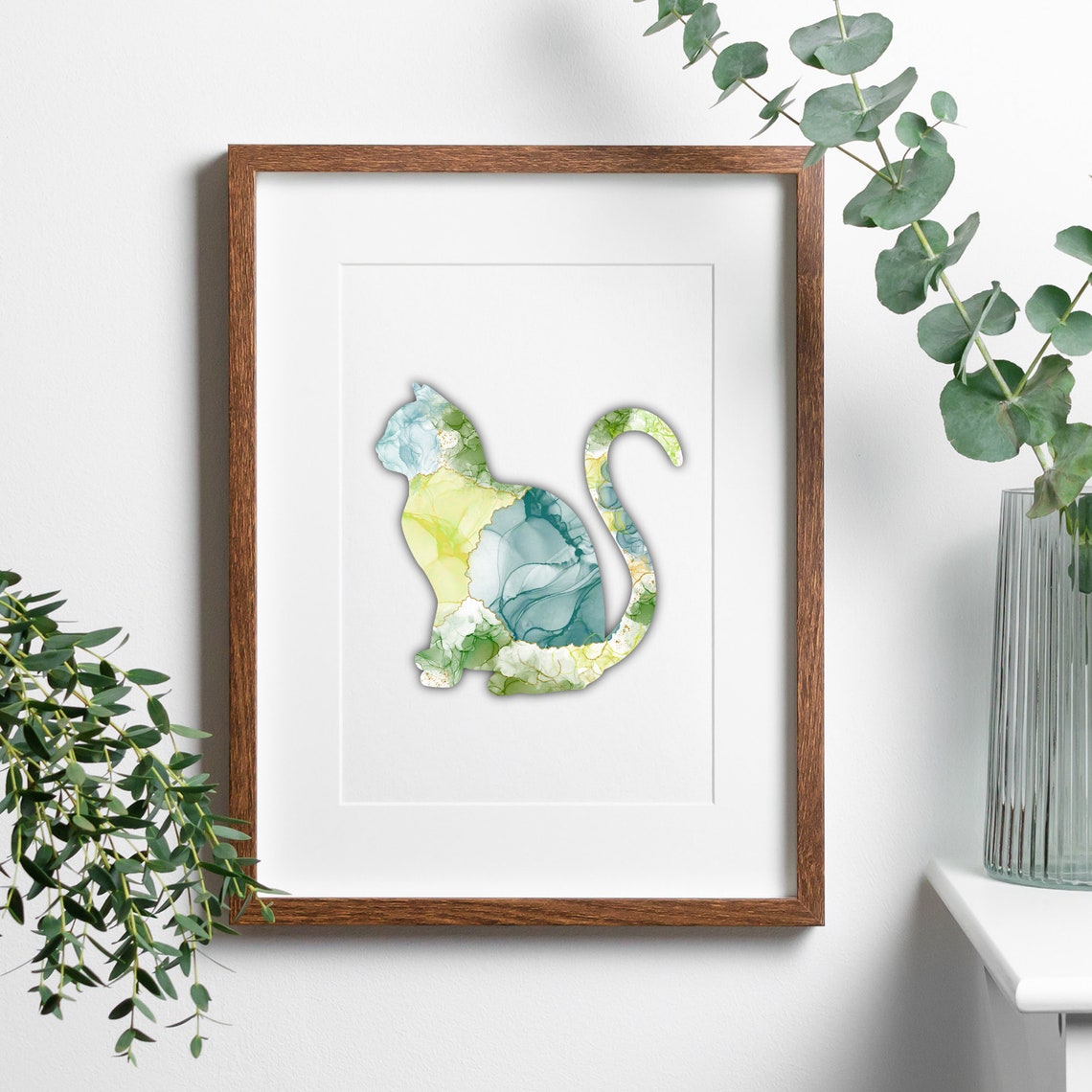 Sitting Cat Silhouette Green Yellow Watercolor Marble Art Poster - Image 3