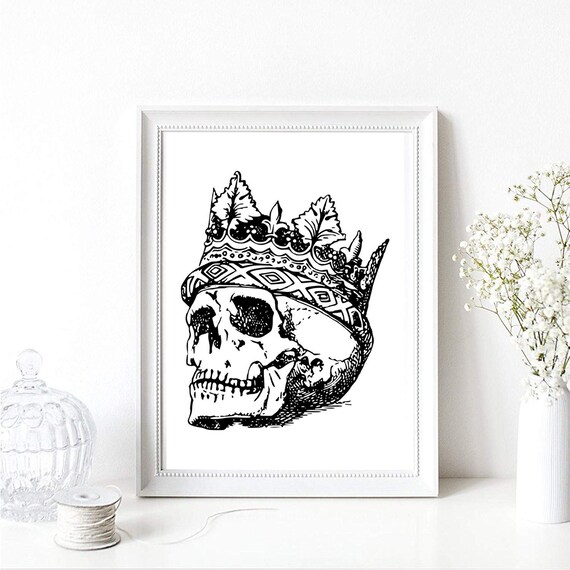 Skull With Crown Gothic Engraving Style Halloween Wall Art Print