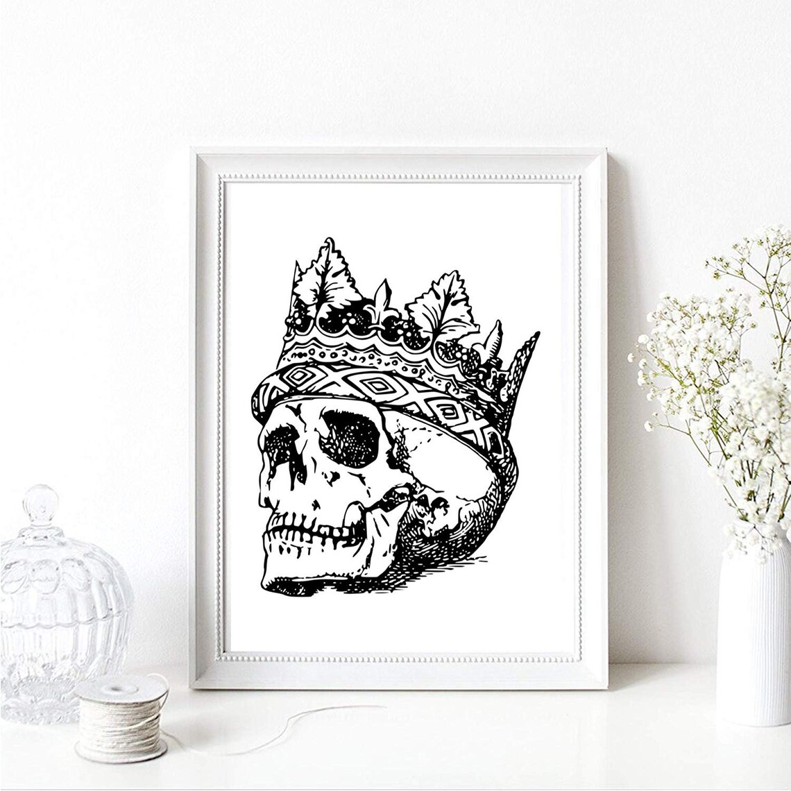 Skull With Crown Gothic Engraving Style Halloween Wall Art Print
