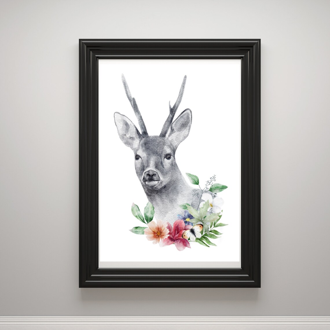 Roe Deer with Flower Wreath Watercolor Portrait Woodland Art Poster - Image 2