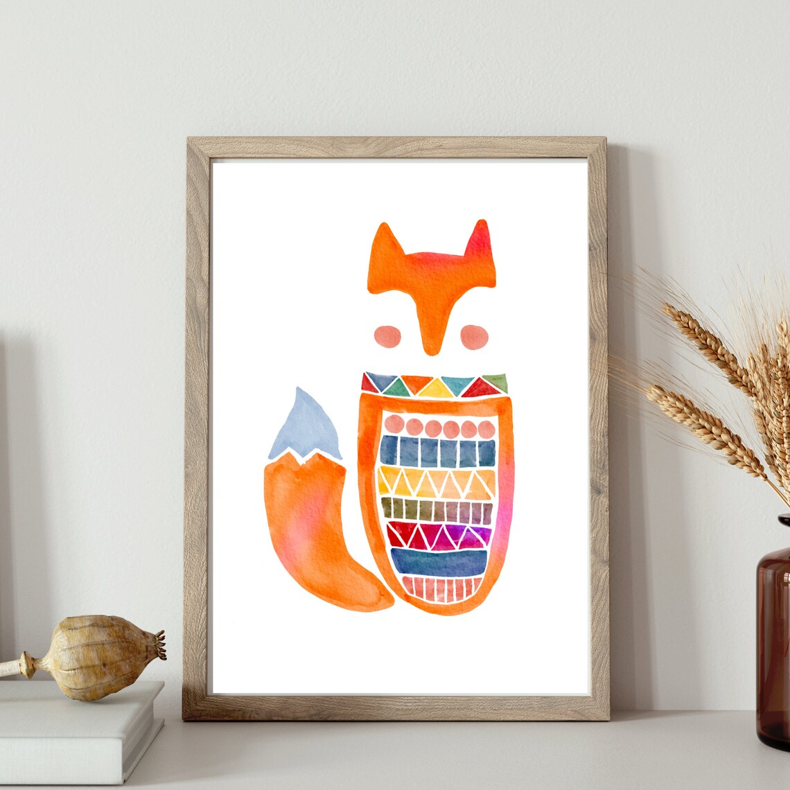 Orange Geometric Fox Tribal Ornament Watercolor Scandi Wall Art Poster - Image 3