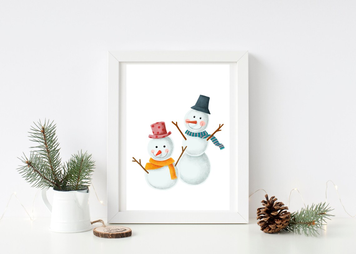 Cute Snowmen Couple Winter Watercolor Christmas Holiday Wall Art