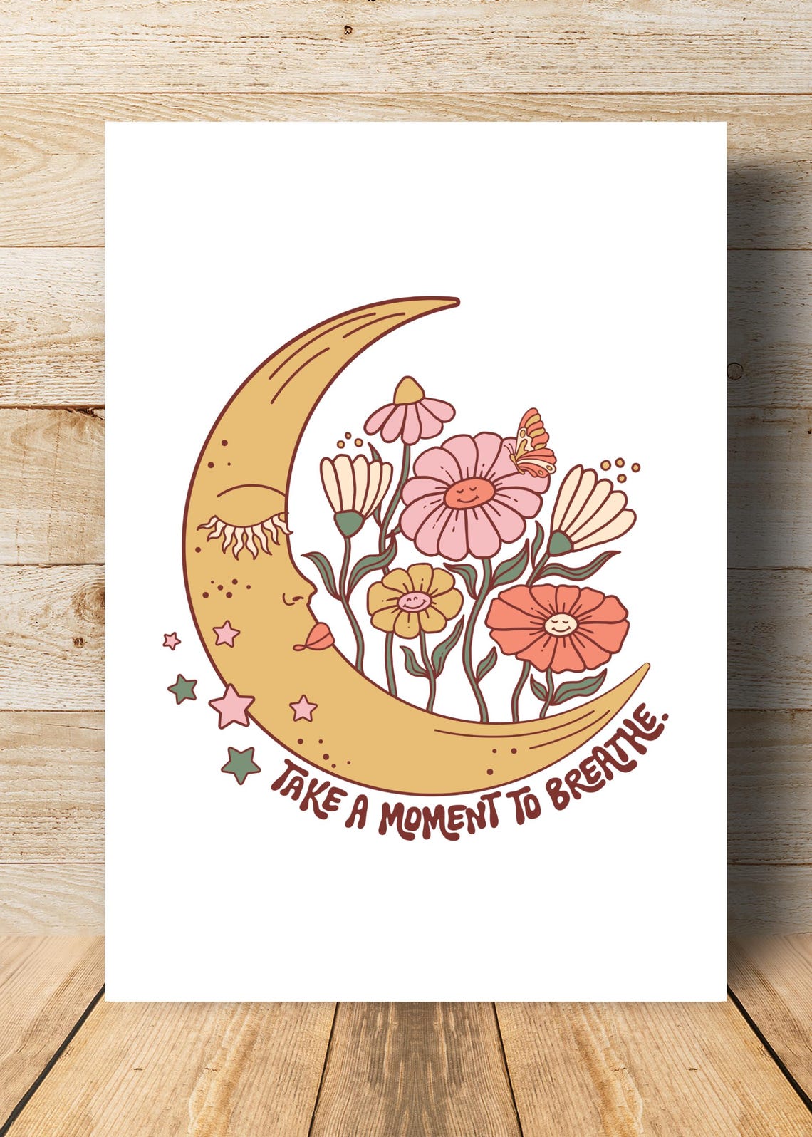 Crescent Moon Flowers Take a Moment to Breathe Mindfulness Poster - Image 3