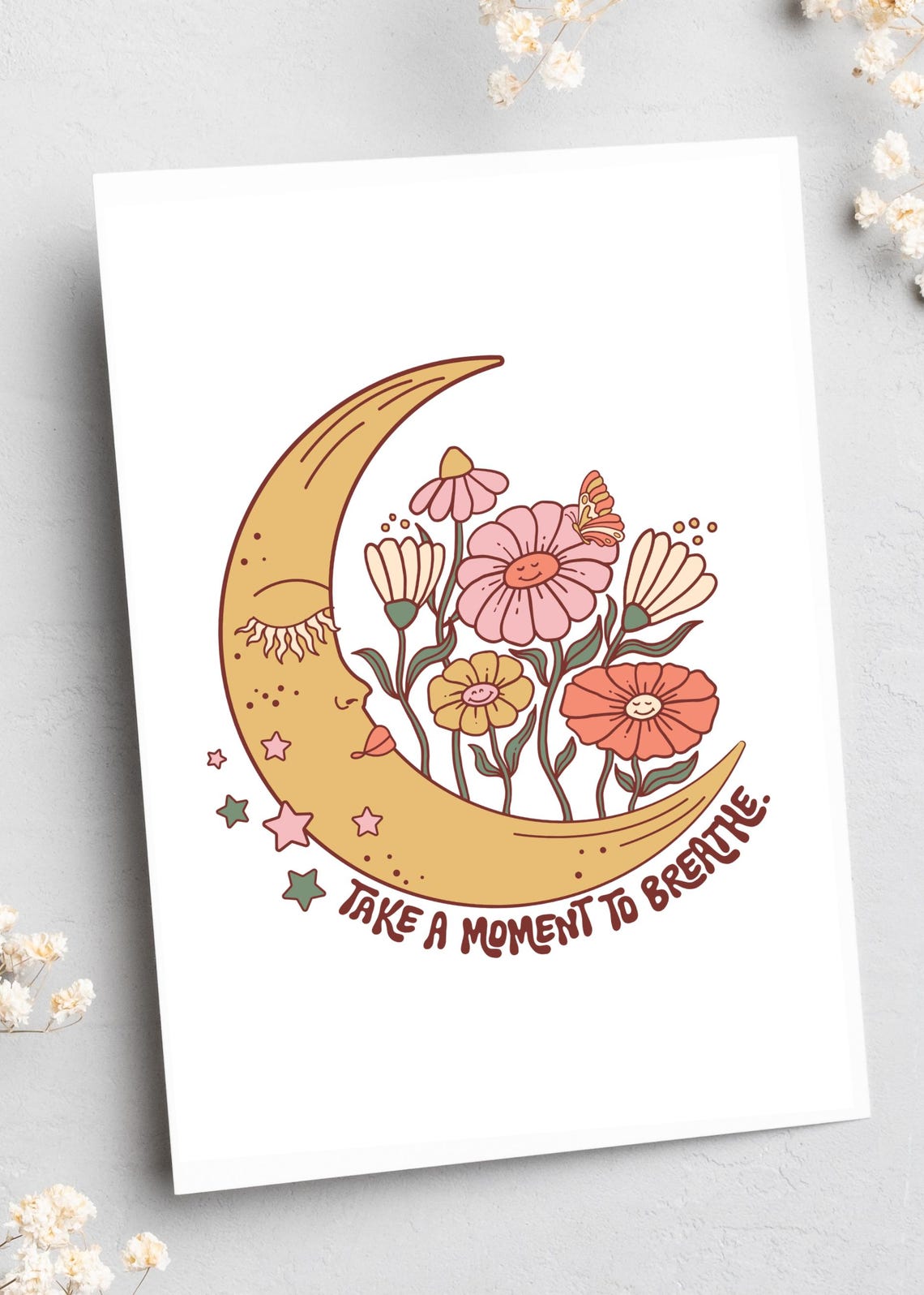 Crescent Moon Flowers Take a Moment to Breathe Mindfulness Poster - Image 2