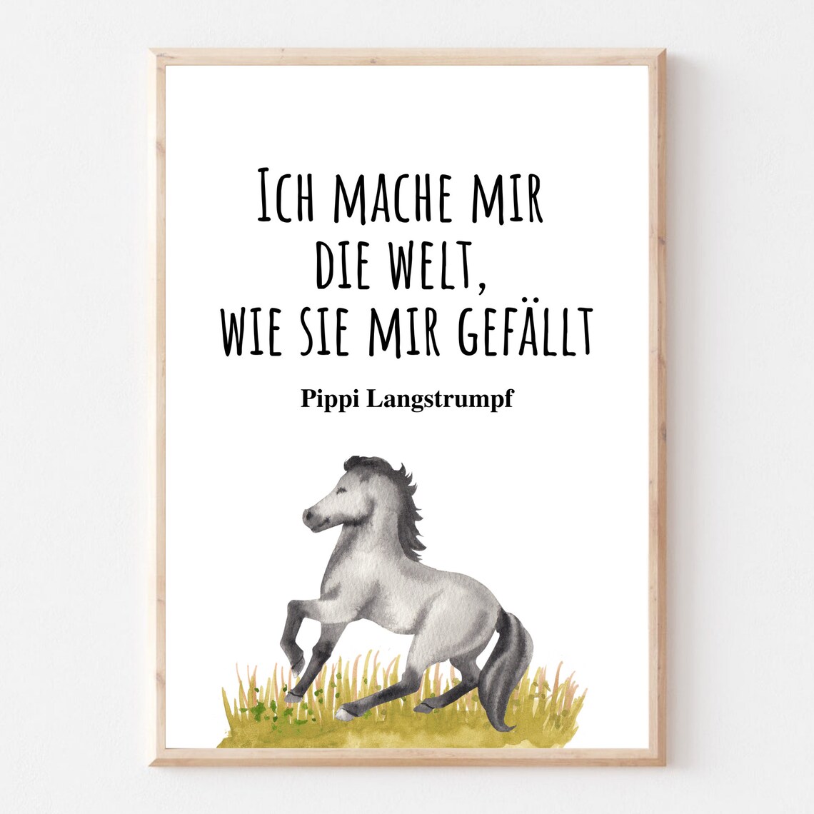 Pippi Langstrumpf Quote Gray Horse Watercolor German Kids Room Art Poster - Image 2