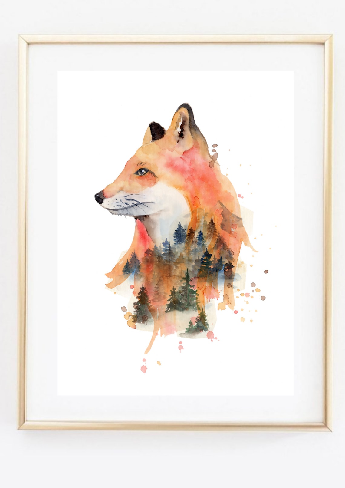 Fox Head Forest Double Exposure Watercolor Woodland Animal Art Poster - Image 2