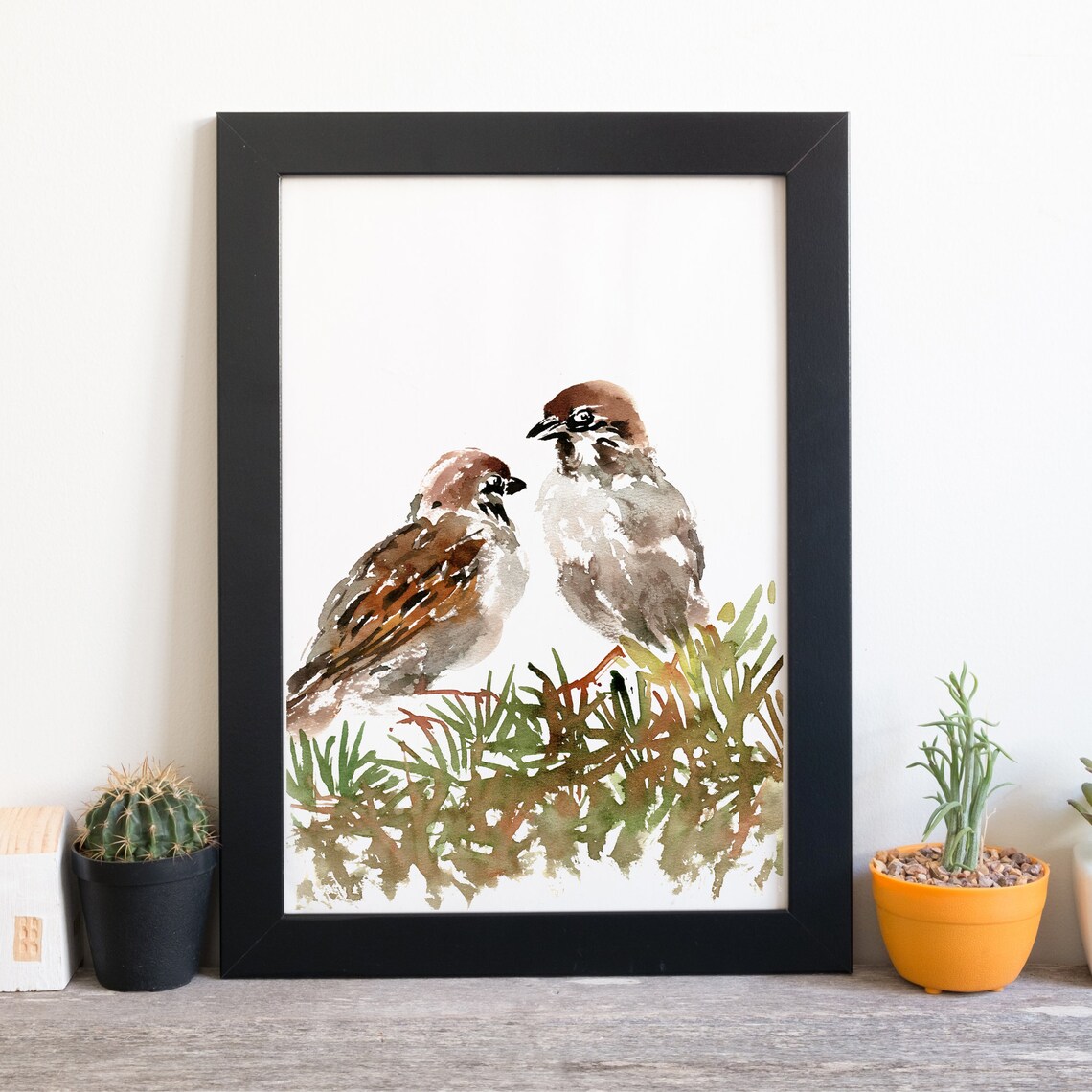 Two Sparrows Watercolor Painting Birds Grass Nature Bird Art Poster - Image 3